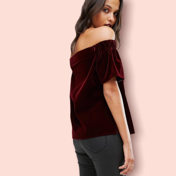 Lila Burgundy Velvet Off-The-Shoulder Short Sleeve Top - Picture 10 of 10
